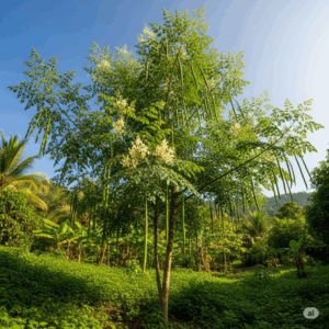 Árbol de Moringa oleifera majestuoso y vibrante en un paisaje tropical exuberante, con hojas verdes, vainas largas y flores blancas, simbolizando su vitalidad y abundancia natural.