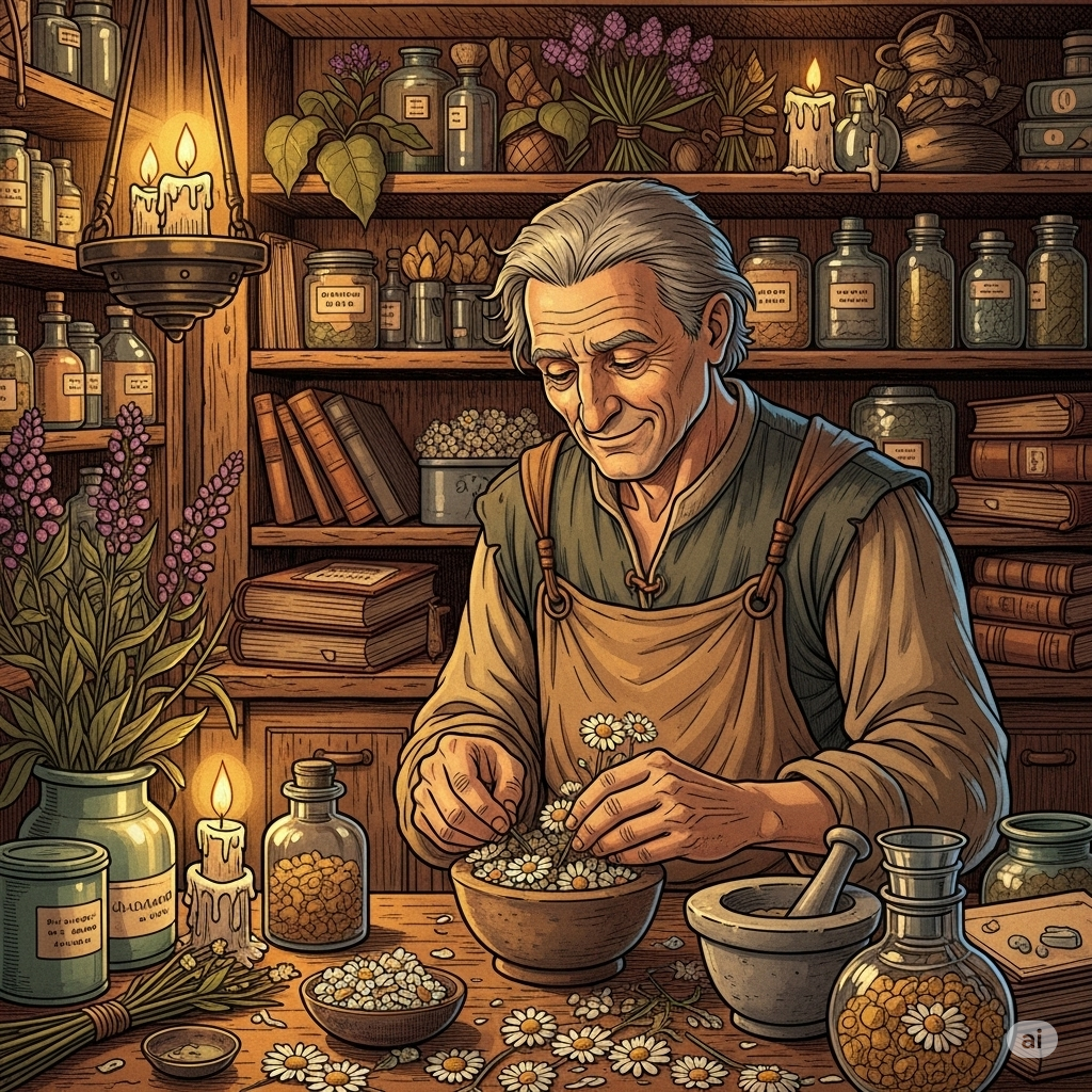 Ilustración vintage de un antiguo herbolario o boticario en una sala acogedora, preparando remedios de manzanilla entre hierbas secas y libros antiguos, evocando la historia.