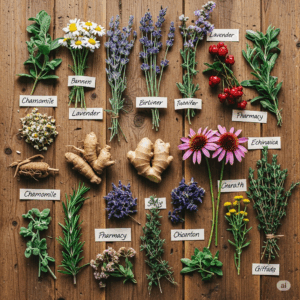 Variada colección de hierbas frescas y secas, raíces, flores y bayas dispuestas sobre una superficie de madera rústica, con luz natural suave resaltando sus texturas y colores. Incluye etiquetas con nombres comunes de hierbas como manzanilla, lavanda, jengibre y equinácea.