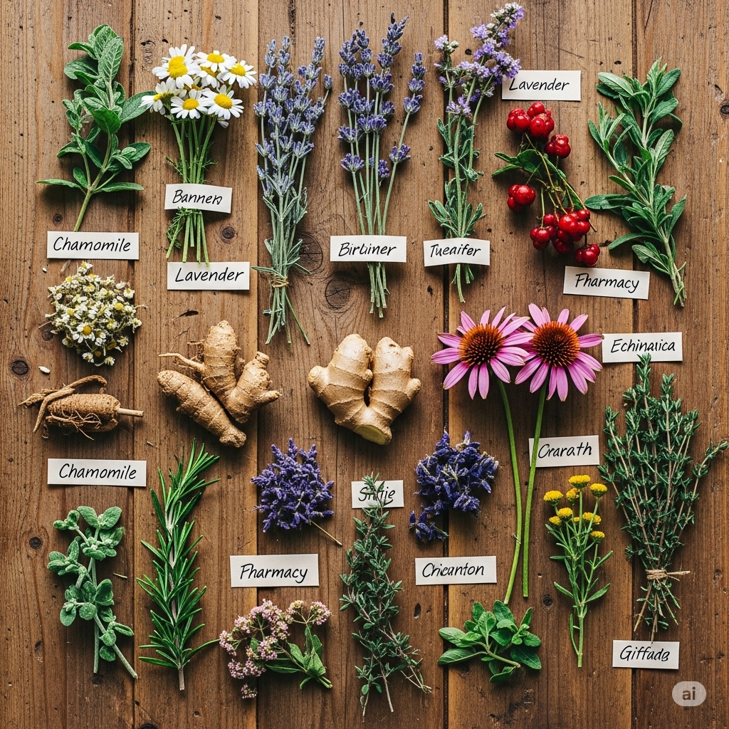 Variada colección de hierbas frescas y secas, raíces, flores y bayas dispuestas sobre una superficie de madera rústica, con luz natural suave resaltando sus texturas y colores. Incluye etiquetas con nombres comunes de hierbas como manzanilla, lavanda, jengibre y equinácea.