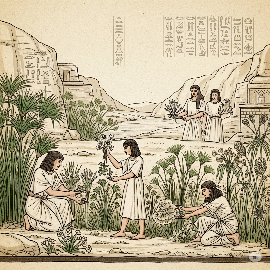 Ilustración o dibujo antiguo representando personas recolectando plantas medicinales en un entorno histórico, posiblemente con jeroglíficos o escritura temprana en el fondo.