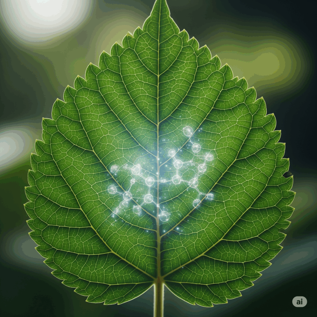 Primer plano macro fotorrealista de una sola hoja de boldo, quizás con una sutil representación abstracta de la molécula de boldina u otros alcaloides emanando suavemente de su superficie, simbolizando los compuestos activos responsables de sus propiedades medicinales.