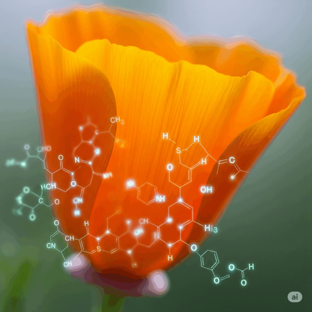 Primer plano fotorrealista y vibrante de una Amapola de California (Eschscholzia californica) en plena floración. Los brillantes pétalos de color naranja-amarillo se despliegan bajo la luz suave del sol, revelando su delicado centro. El fondo es un campo suavemente borroso de flores similares, transmitiendo su hábitat natural y belleza radiante.