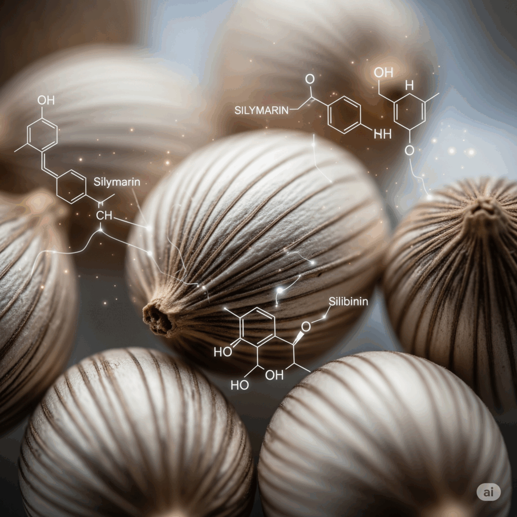 Primer plano macro fotorrealista de semillas de Cardo Mariano, resaltando su textura y patrones. Representaciones abstractas y suavemente brillantes de compuestos químicos clave como la silimarina o la silibinina podrían superponerse sutilmente, simbolizando los componentes activos de la planta para la protección del hígado.
