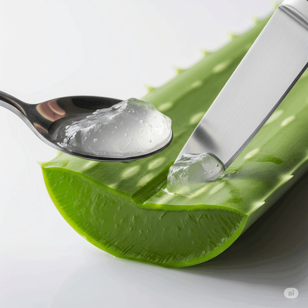 Representación clara de una hoja de Aloe Vera siendo cortada cuidadosamente para extraer el gel, enfatizando el proceso de obtención del gel puro, posiblemente con una cuchara o cuchillo.