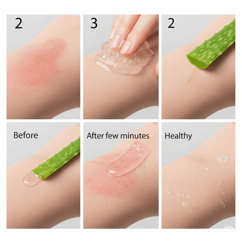 Secuencia visual o imagen dividida que muestra la aplicación de gel de Aloe Vera transparente sobre piel irritada (como una quemadura solar leve o un pequeño corte), con efecto calmante y curativo.