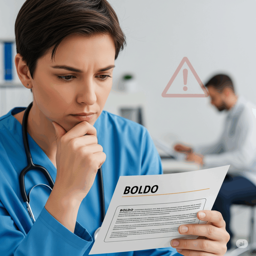 Imagen fotorrealista reflexiva de una persona leyendo una etiqueta o una hoja informativa sobre el boldo, con una expresión seria y cautelosa, quizás con un fondo borroso de la oficina de un profesional médico o un símbolo de advertencia, enfatizando la importancia de un uso informado y responsable.