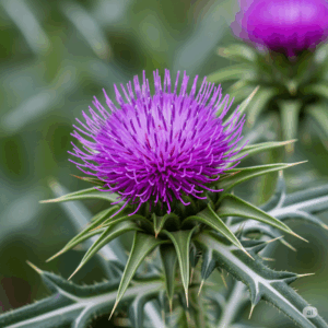 Primer plano fotorrealista y vibrante de una planta de Cardo Mariano (Silybum marianum). La llamativa cabeza de flor púrpura está enfocada, junto con sus distintivas hojas espinosas marcadas con venas blancas. El fondo está suavemente borroso, enfatizando la textura y el color únicos de la planta bajo la luz natural.