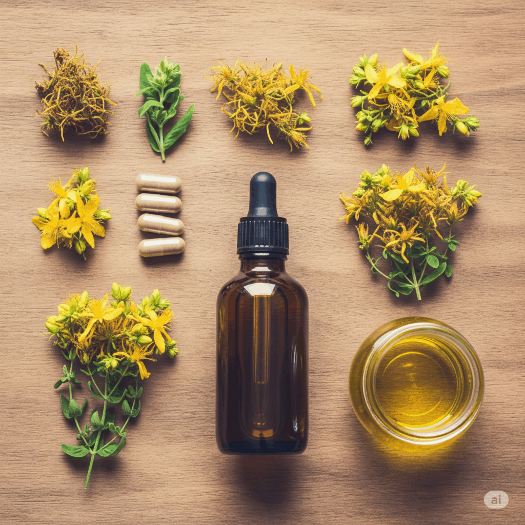 Presentación plana bellamente organizada que muestra varias formas de Hierba de San Juan: flores y hojas secas, cápsulas o tabletas, una botella de tintura con un gotero y un pequeño frasco de aceite infusionado (quizás en un tono dorado), todo sobre una superficie natural y ligeramente rústica.