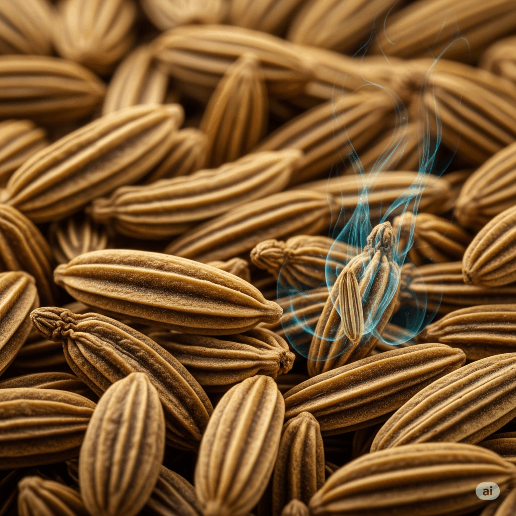 Primer plano macro fotorrealista de semillas de Hinojo, quizás con una sutil representación abstracta del aceite aromático (como el anetol) emanando suavemente de ellas, simbolizando los compuestos activos concentrados responsables de sus propiedades.