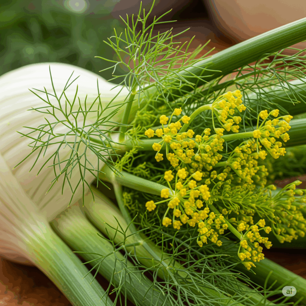 Primer plano fotorrealista y vibrante de un bulbo fresco de Hinojo (Foeniculum vulgare) con sus frondas verdes plumosas y delicados racimos de flores amarillas. La iluminación debe resaltar su textura crujiente y su presencia aromática y atractiva, quizás en una cocina rústica o un entorno de jardín natural.