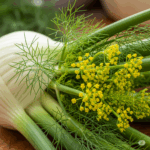 Primer plano fotorrealista y vibrante de un bulbo fresco de Hinojo (Foeniculum vulgare) con sus frondas verdes plumosas y delicados racimos de flores amarillas. La iluminación debe resaltar su textura crujiente y su presencia aromática y atractiva, quizás en una cocina rústica o un entorno de jardín natural.
