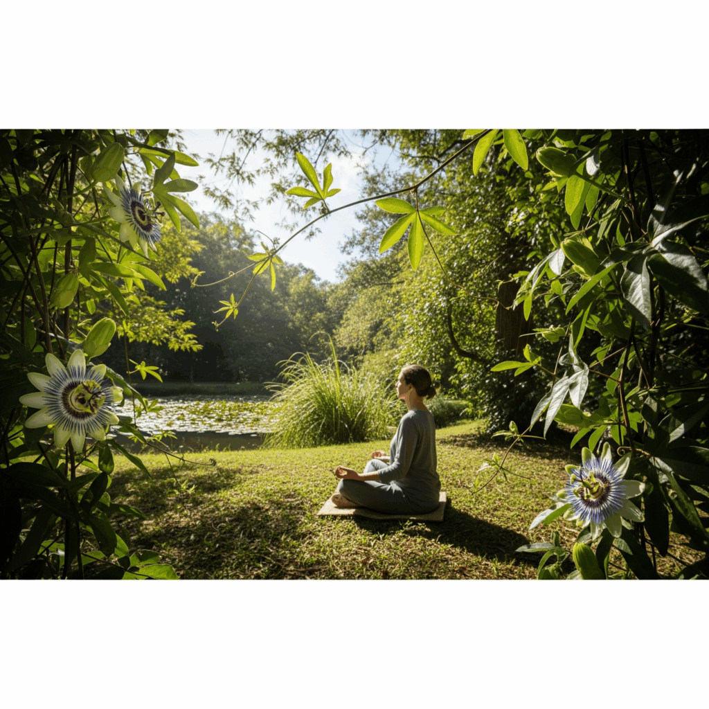 Escena serena y fotorrealista de una persona descansando o meditando pacíficamente en un entorno natural y tranquilo (ej., un jardín). Sutiles vides y flores de la Flor de la Pasión enmarcan suavemente la escena, sugiriendo sus efectos para aliviar la ansiedad y promover el sueño.