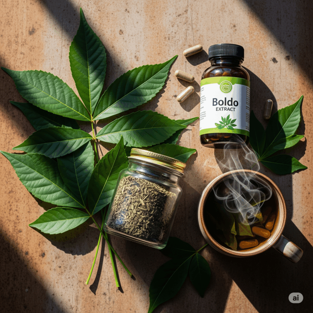 Presentación plana bellamente organizada que muestra varias formas de boldo: hojas frescas de boldo, hojas secas de boldo en un pequeño frasco, una botella de extracto o cápsulas de boldo, y una taza humeante de té de boldo en una taza rústica, todo sobre una superficie natural y terrosa.