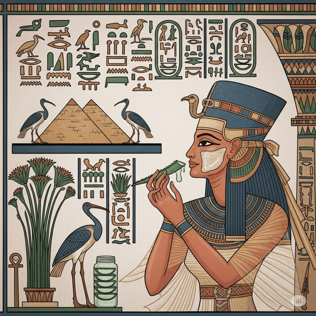 Ilustración estilo egipcio antiguo de un Faraón o Reina aplicando gel de Aloe Vera, con jeroglíficos y arte egipcio tradicional al fondo, simbolizando su uso histórico.