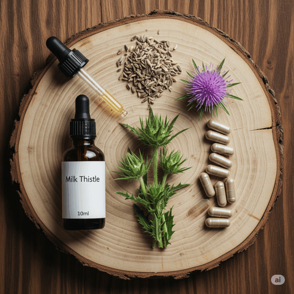 Presentación plana bellamente organizada que muestra varias formas de productos de Cardo Mariano: semillas secas, una botella de extracto o tintura con un gotero, cápsulas o tabletas, y posiblemente un puñado de la hierba, todo sobre una superficie natural y rústica.