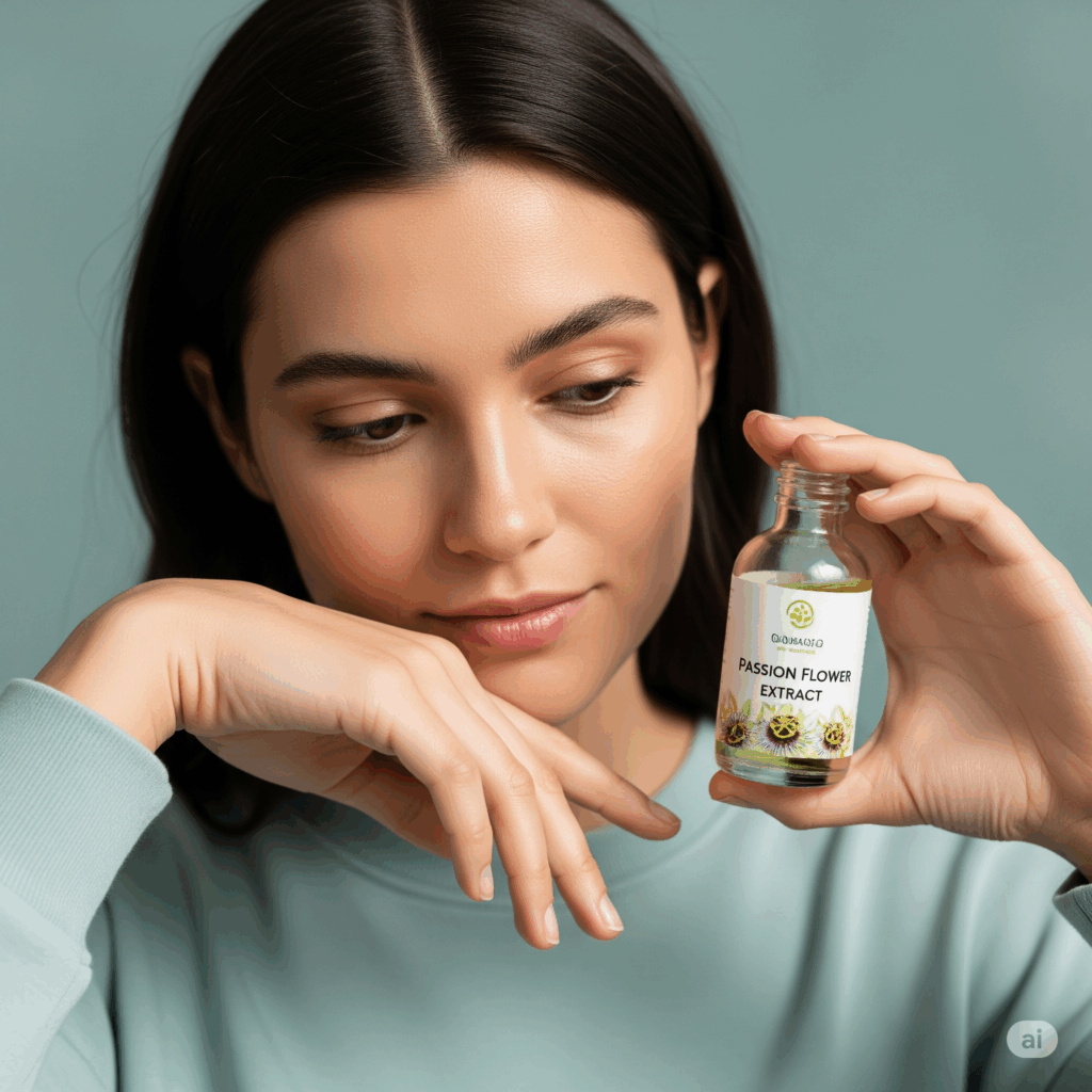 Imagen fotorrealista reflexiva de una persona sosteniendo suavemente una Flor de la Pasión o una botella de extracto de la Flor de la Pasión, con una expresión serena pero ligeramente consciente, quizás con una mano descansando suavemente, transmitiendo la necesidad de un uso consciente y responsable, considerando la posible somnolencia.