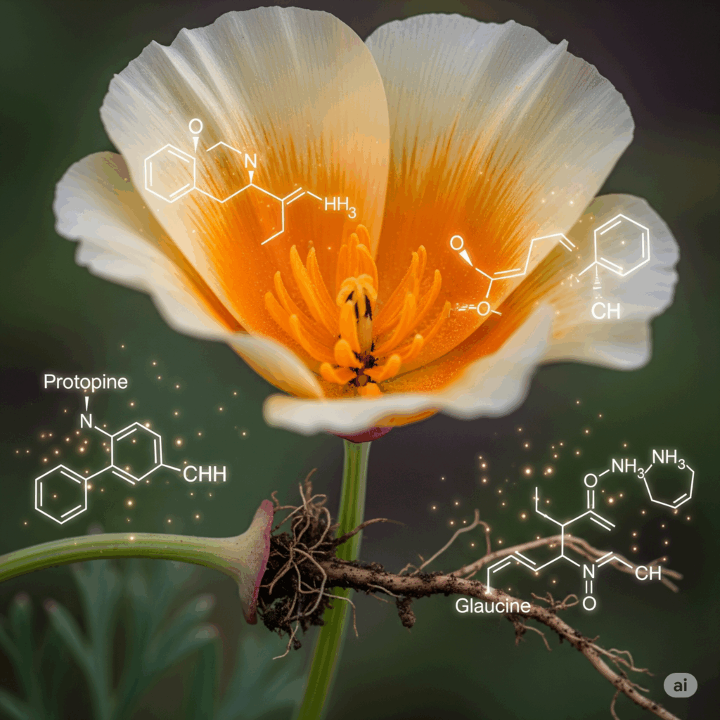 Primer plano macro fotorrealista de una flor de Amapola de California y un pequeño segmento de su tallo o raíz. Representaciones abstractas y suavemente brillantes de compuestos químicos clave como la protopina o la glaucina podrían superponerse sutilmente, simbolizando sus componentes activos responsables de sus efectos calmantes.