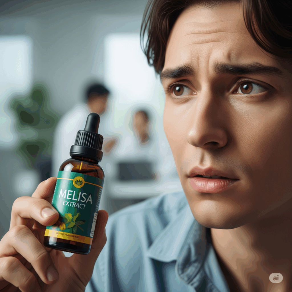 Imagen fotorrealista reflexiva de una persona sosteniendo una planta de melisa o una botella de extracto de melisa, con una expresión suave y ligeramente interrogante, quizás mirando hacia un fondo borroso que sugiere un entorno profesional de atención médica, transmitiendo la importancia de consultar a expertos para un uso seguro.