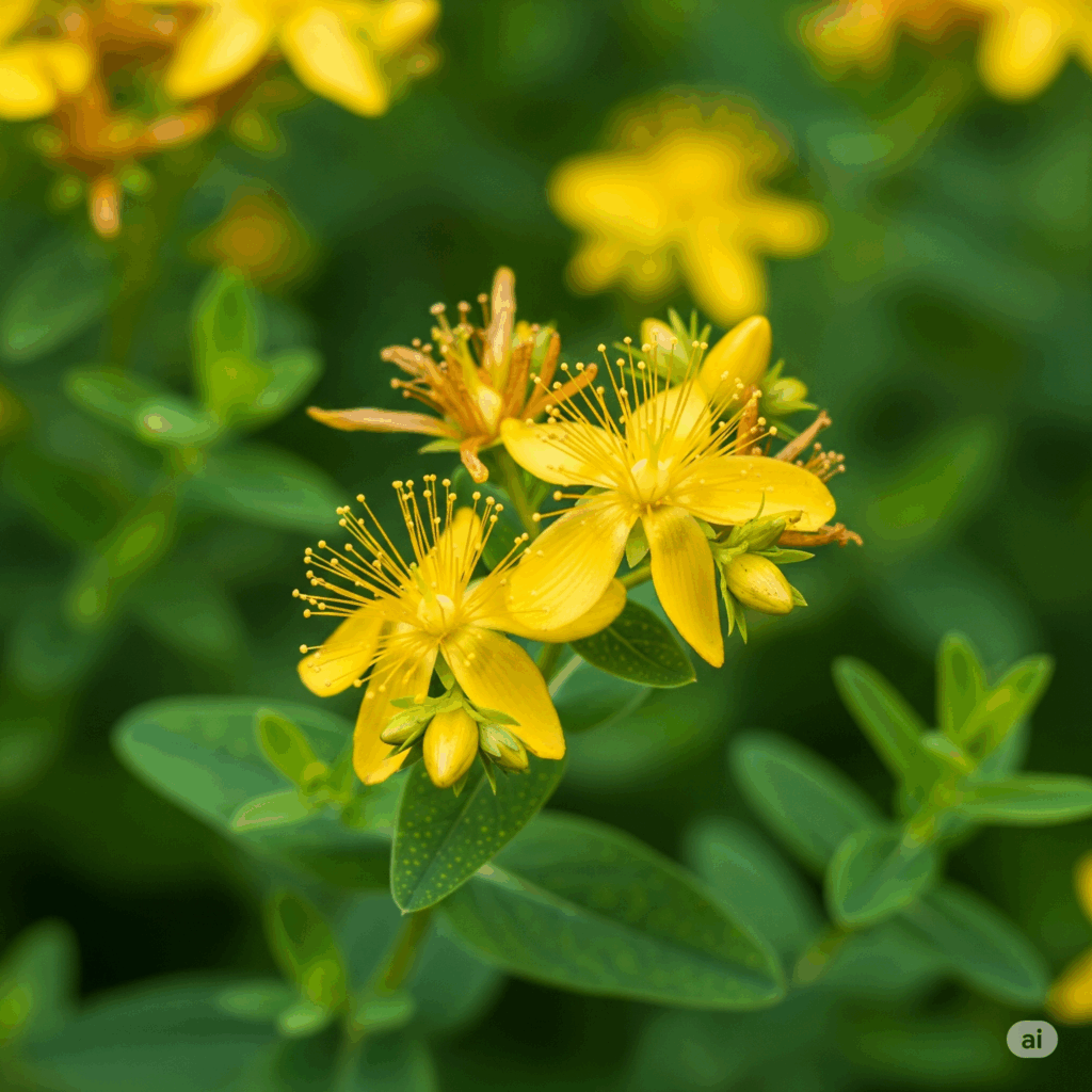 Primer plano fotorrealista y vibrante de flores de la Hierba de San Juan (Hypericum perforatum). Las pequeñas flores amarillas brillantes con sus característicos estambres y pequeños puntos translúcidos en las hojas deben estar enfocadas nítidamente contra un fondo verde natural suavemente borroso, transmitiendo su disposición soleada y su origen natural.