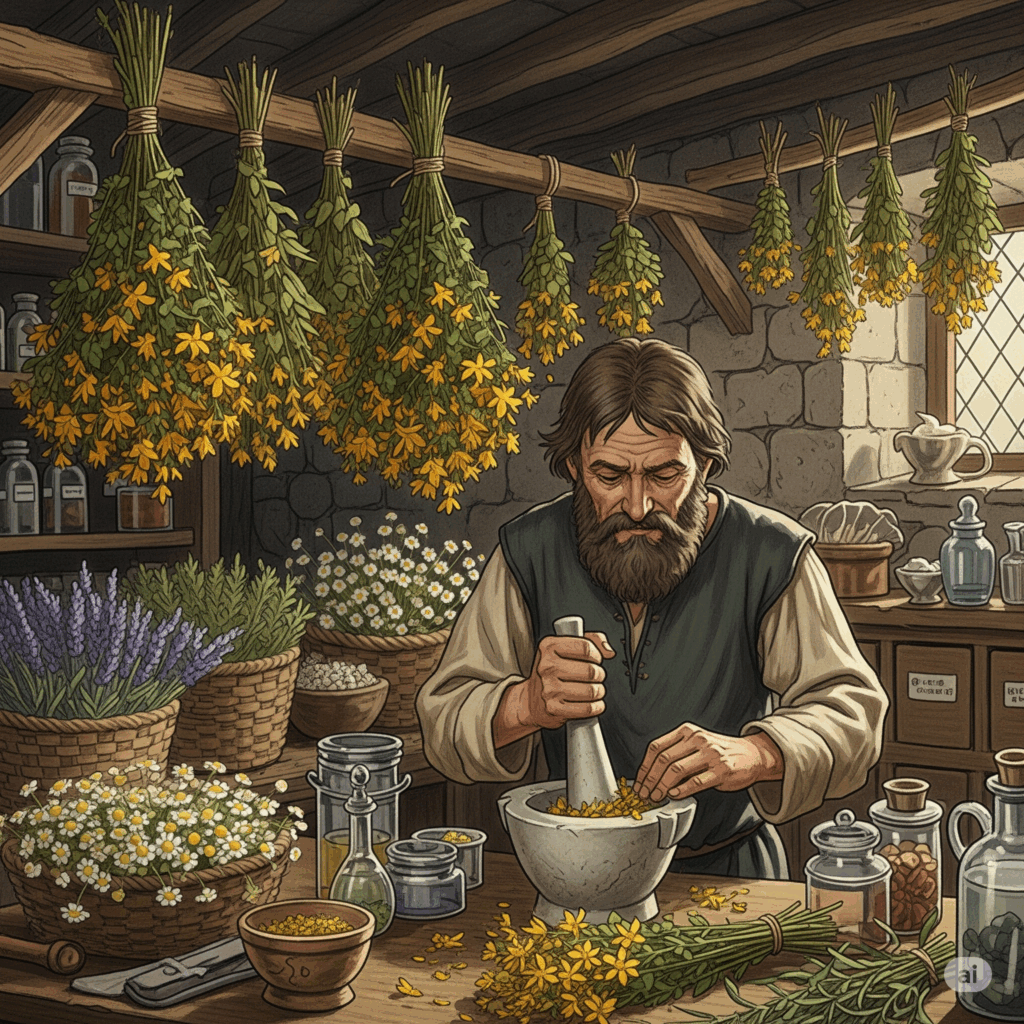 Ilustración o pintura de estilo vintage que representa a un herbolario o boticario medieval preparando Hierba de San Juan, quizás colgando manojos para secar o moliéndola para una preparación, en un entorno rústico con otras hierbas.