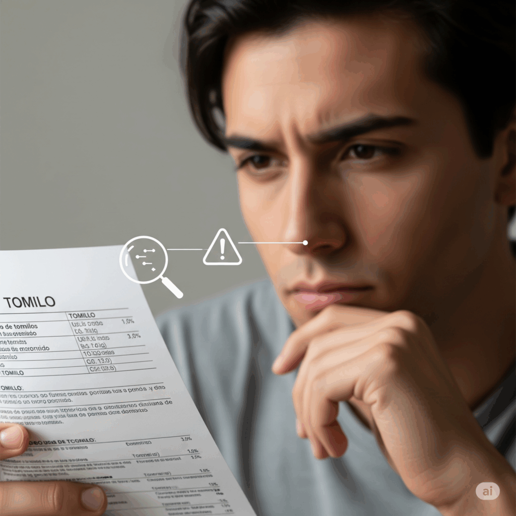 Imagen fotorrealista reflexiva de una persona leyendo una etiqueta o una hoja informativa sobre el tomillo, con una expresión ligeramente cautelosa, quizás con una sutil señal visual de un símbolo de advertencia o una lupa sobre posibles interacciones o contraindicaciones, enfatizando la importancia de un uso informado y seguro.