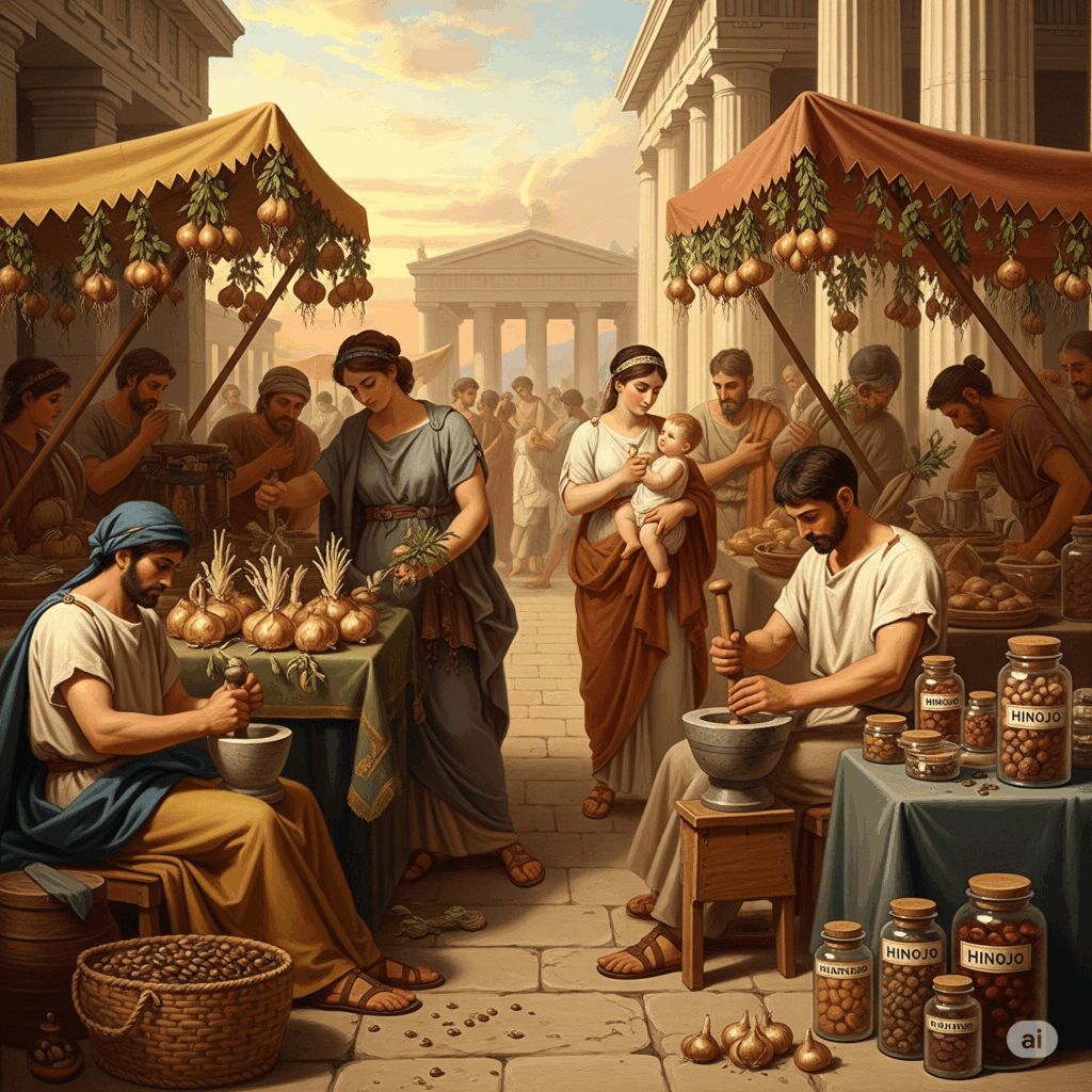 Ilustración o pintura estilo vintage que representa una escena de mercado romano o griego antiguo, con comerciantes vendiendo bulbos y semillas de hinojo, y quizás una persona usándolo con fines medicinales, transmitiendo su larga historia de uso tanto culinario como medicinal.