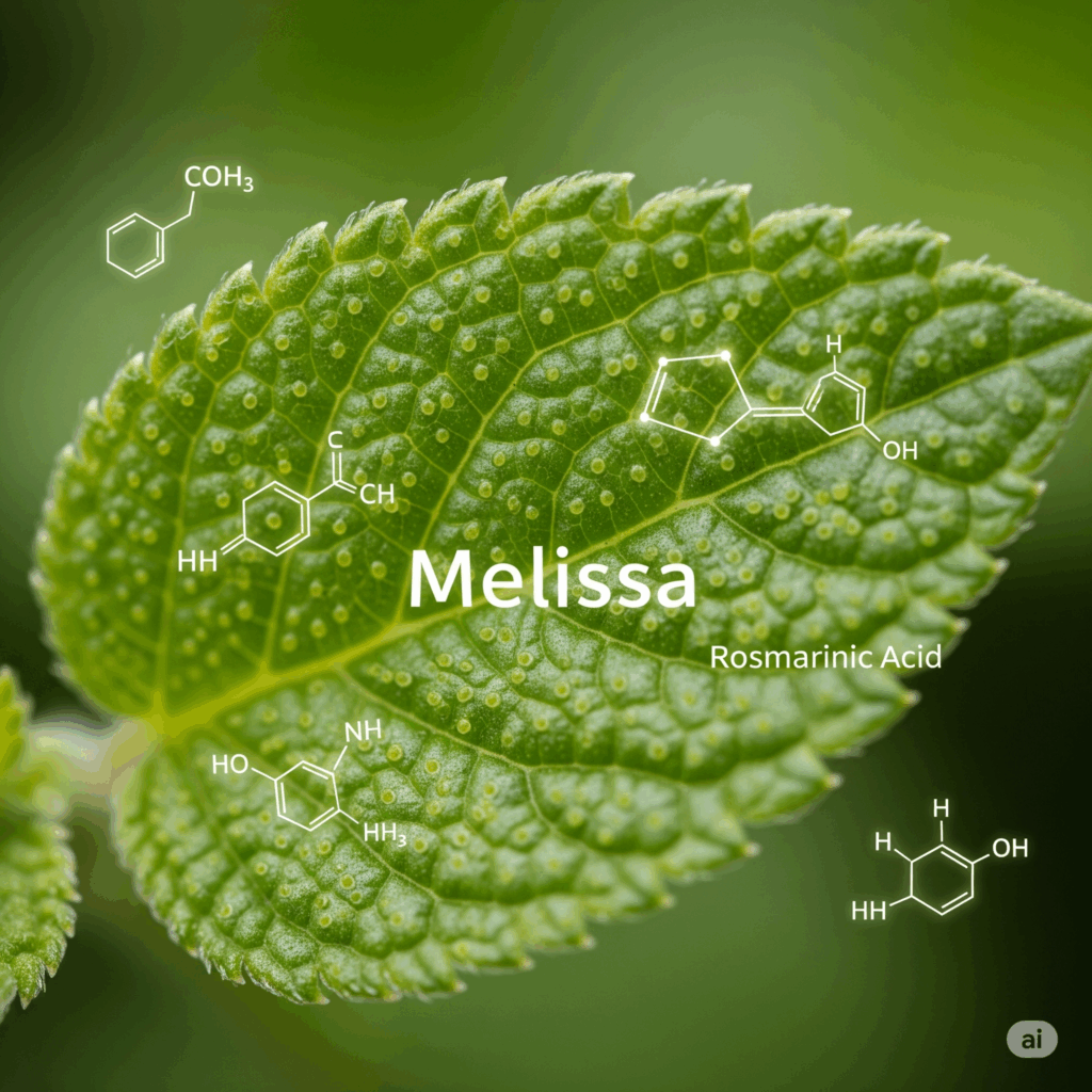 Primer plano macro fotorrealista de una sola hoja de melisa, resaltando su superficie texturizada y las pequeñas glándulas que contienen aceites esenciales. Representaciones abstractas y suavemente brillantes de compuestos químicos clave como el citral o el ácido rosmarínico podrían superponerse sutilmente, simbolizando sus componentes activos.
