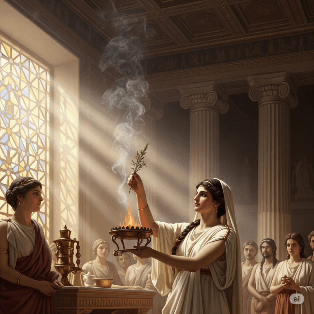 Ilustración o pintura de estilo vintage que representa una escena antigua (ej. romana o griega) donde se utiliza tomillo. Podría mostrar a un guerrero recibiendo una ramita de tomillo, o a alguien quemándolo como incienso en un templo, transmitiendo su significado histórico en rituales de coraje o purificación.