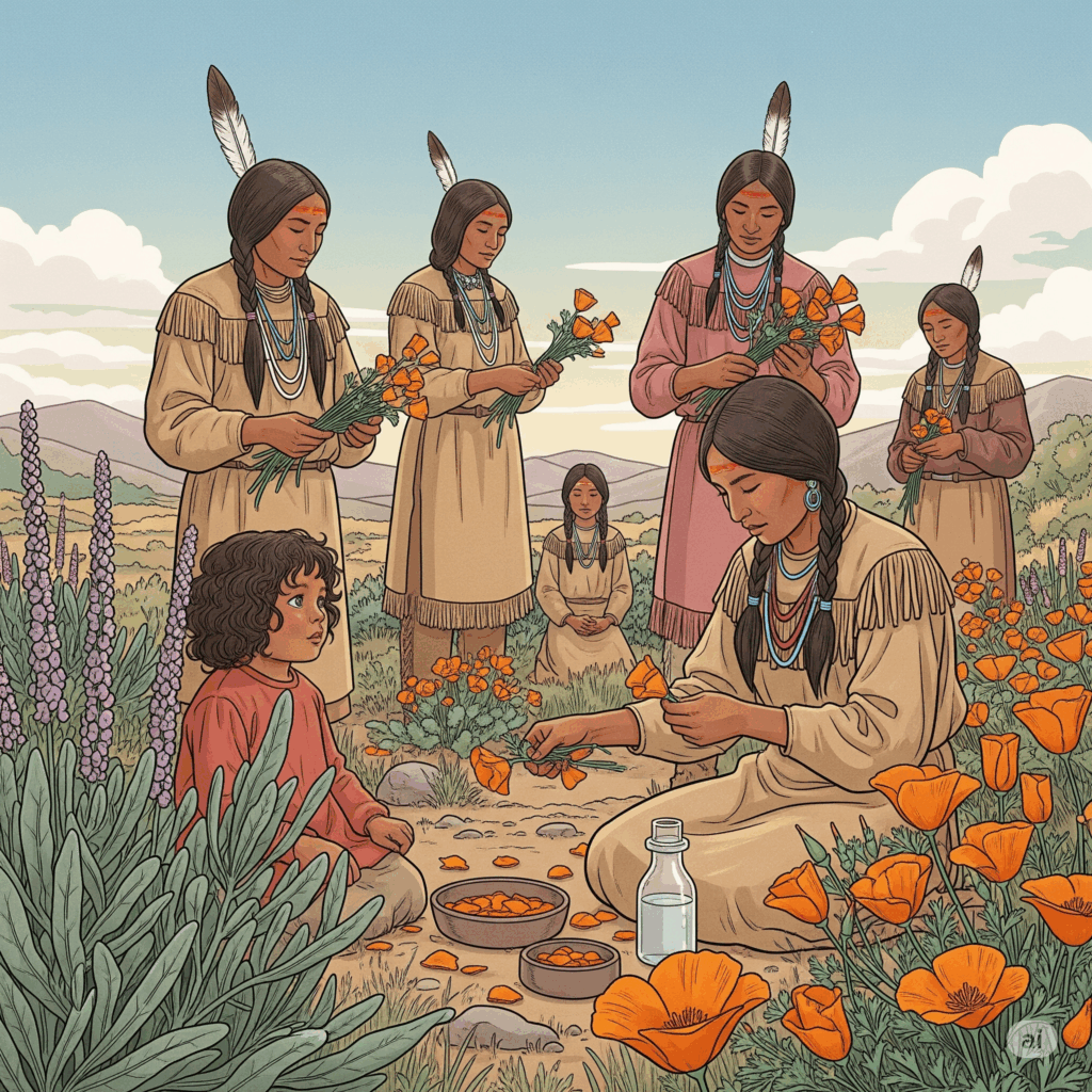Ilustración o pintura estilo vintage que representa a nativos americanos (ej., tribus de California) utilizando tradicionalmente plantas de Amapola de California. La escena podría mostrarlos recolectando las flores o preparando un remedio suave para un niño, en un paisaje bañado por el sol con plantas nativas.