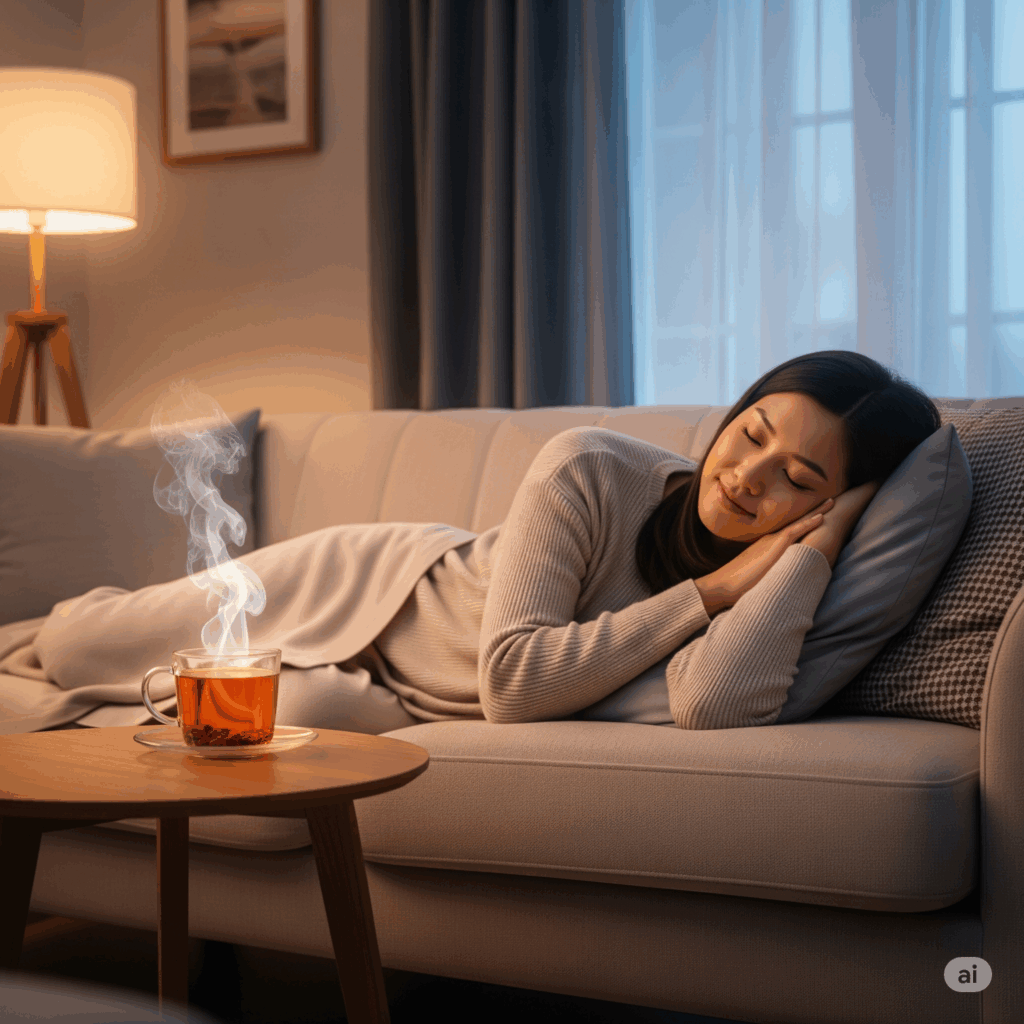 Escena serena y fotorrealista de una persona relajándose pacíficamente en un sofá o en una silla cómoda, con una taza humeante de té de melisa cerca. La atmósfera es calmante y acogedora, sugiriendo alivio del estrés y mejora del sueño, con iluminación ambiental suave.