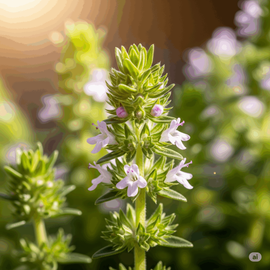 Primer plano fotorrealista y vibrante de una ramita fresca de Tomillo (Thymus vulgaris) con sus pequeñas hojas verdes aromáticas y delicadas flores púrpuras o blancas. La iluminación debe resaltar la textura y la fragancia terrosa e invitadora, quizás con un suave fondo natural de un jardín mediterráneo.