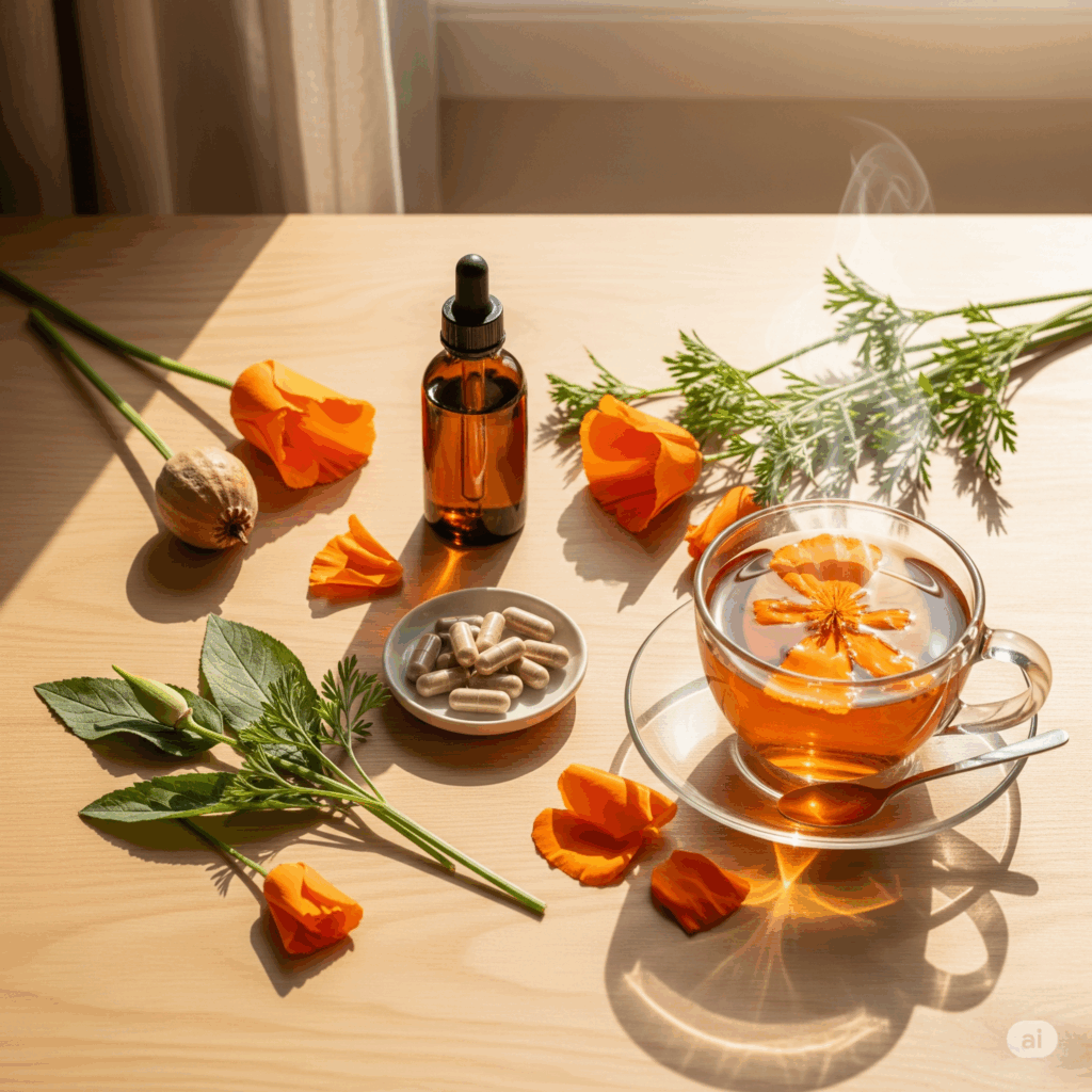 Presentación plana bellamente organizada que muestra varias formas de Amapola de California: cabezas de flores y hojas secas, una botella de tintura con un gotero, cápsulas o tabletas, y una taza humeante de té con partes frescas o secas de la planta, todo sobre una superficie de madera natural clara.