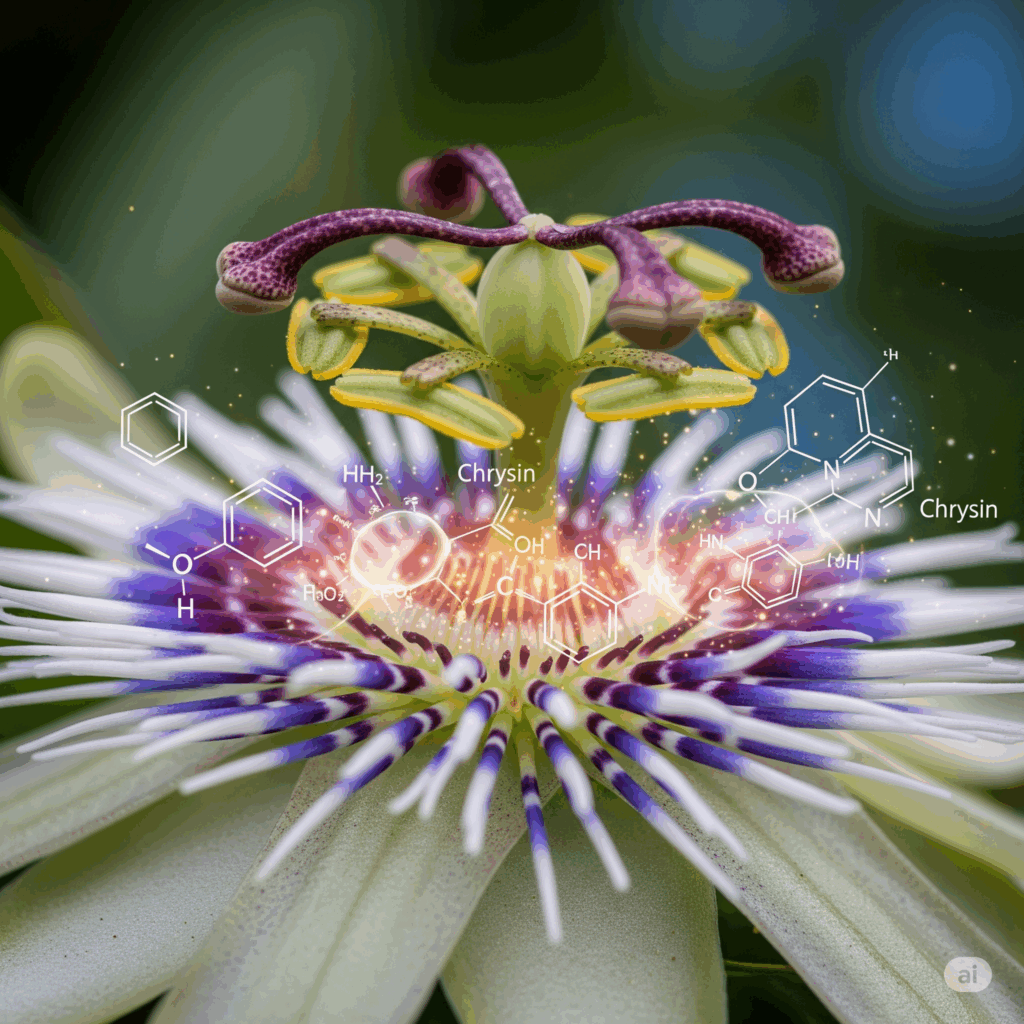 Primer plano macro fotorrealista de las intrincadas partes de una Flor de la Pasión (ej., corona, filamentos), con representaciones abstractas y suavemente brillantes de compuestos químicos clave como los flavonoides (ej., crisina) superpuestas o emanando suavemente, simbolizando sus componentes activos calmantes.
