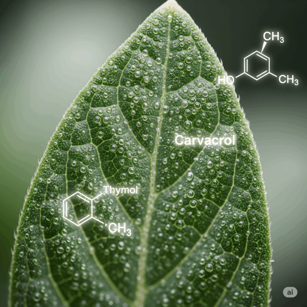 Primer plano macro fotorrealista de una sola hoja de tomillo, destacando los pequeños puntos glandulares donde se almacenan los aceites esenciales. Representaciones abstractas y suavemente brillantes de estructuras químicas como el timol y el carvacrol podrían superponerse sutilmente, simbolizando sus potentes compuestos activos.