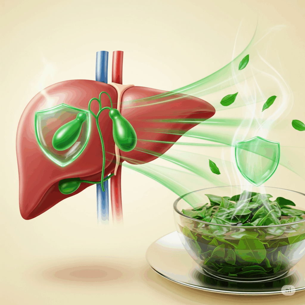 Imagen conceptual fotorrealista que muestra una representación estilizada de un hígado y vesícula biliar sanos. Rayos verdes abstractos o escudos protectores emanan de hojas de boldo o una infusión, protegiendo y apoyando sutilmente estos órganos, transmitiendo sus efectos hepatoprotectores.