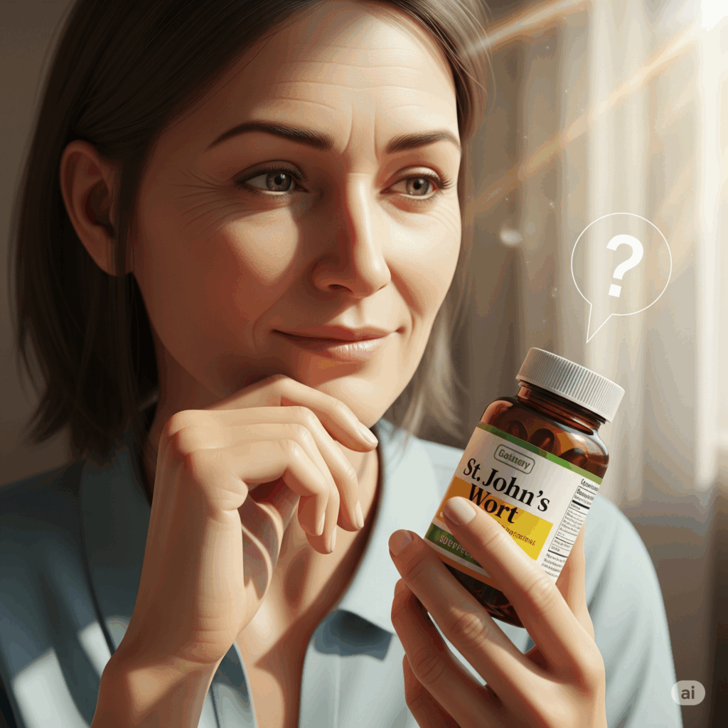 Imagen fotorrealista reflexiva de una persona sosteniendo una botella de suplemento de Hierba de San Juan, con una expresión suave pero cautelosa, quizás con una sutil señal visual de luz solar (para representar la fotosensibilidad) o un signo de interrogación superpuesto, enfatizando la necesidad de conciencia sobre las precauciones y posibles interacciones.