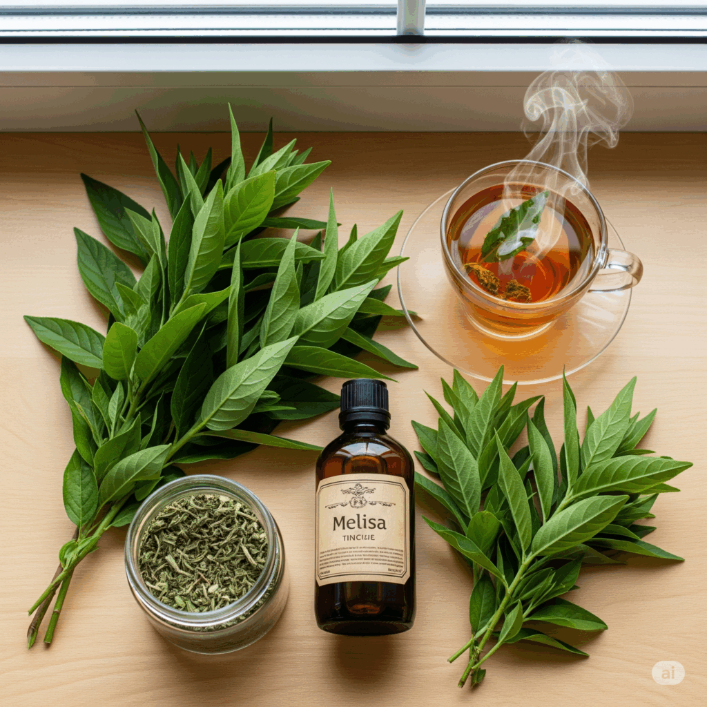 Presentación plana bellamente organizada que muestra varias formas de melisa: ramitas frescas de melisa, hojas secas de melisa en un pequeño frasco, una botella de tintura de melisa y una taza humeante de té de melisa, todo sobre una superficie de madera natural clara.