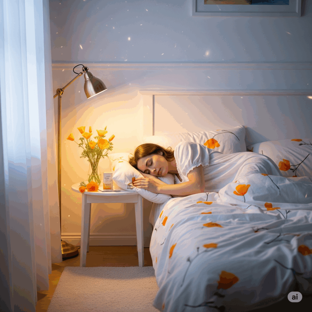 Escena serena y fotorrealista de una persona durmiendo plácidamente en un dormitorio acogedor, quizás con un suave resplandor dorado iluminando la habitación. Un elemento visual sutil de Amapolas de California (ej., algunas flores en una mesita de noche, o un patrón tenue) sugiere sus propiedades promotoras del sueño, transmitiendo tranquilidad y un sueño reparador.