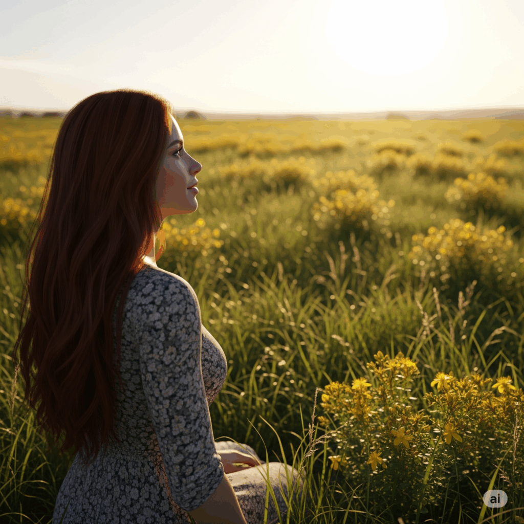 Escena serena y fotorrealista de una persona mirando con esperanza hacia un horizonte brillante y soleado, quizás en un campo donde la Hierba de San Juan está sutilmente presente. El estado de ánimo general debe transmitir una sensación de elevación y alivio natural del bajo estado de ánimo.