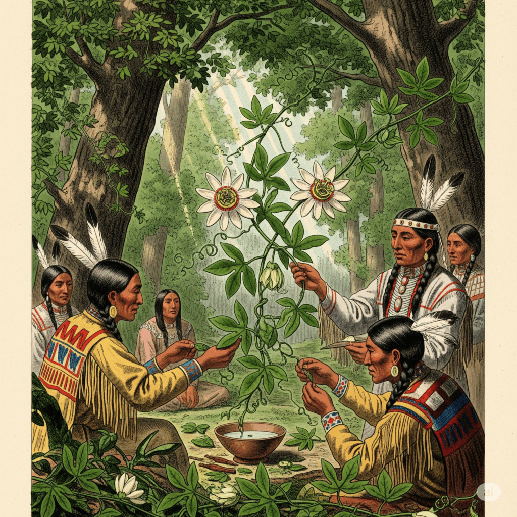 Ilustración o pintura de estilo vintage que representa a nativos americanos (ej., Cherokee) utilizando tradicionalmente vides y hojas de la Flor de la Pasión, quizás en una preparación medicinal o un entorno ritual, en un ambiente natural de bosque.