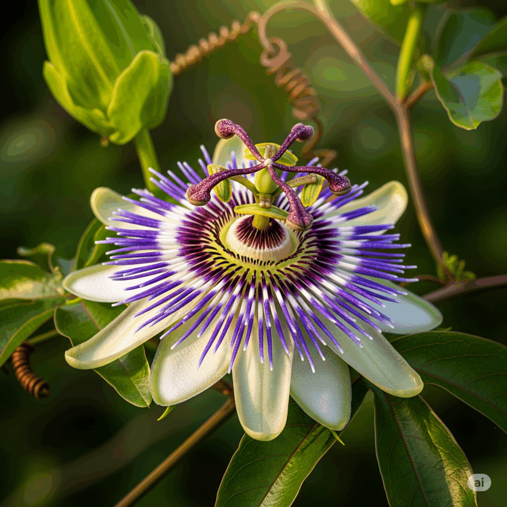 Primer plano fotorrealista y vibrante de una Flor de la Pasión (Passiflora incarnata) en plena floración, mostrando su intrincada y exótica corona púrpura y blanca, zarcillos y hojas verdes. La iluminación debe resaltar la estructura única y los colores vibrantes de la flor contra un fondo natural suavemente borroso.