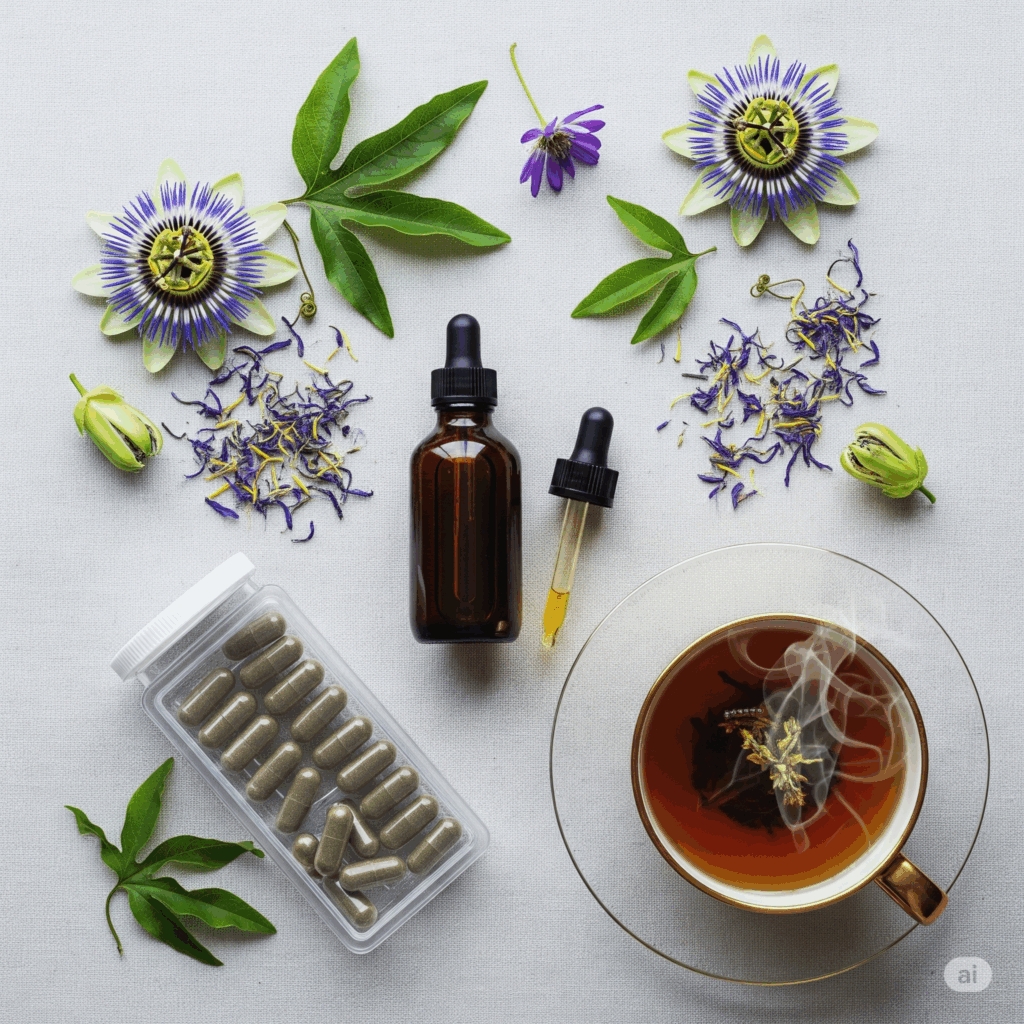 Presentación plana bellamente organizada que muestra varias formas de usar la Flor de la Pasión: hierbas secas de la Flor de la Pasión (hojas y flores), una botella de tintura de la Flor de la Pasión con un gotero, cápsulas o tabletas, y una taza humeante de té de la Flor de la Pasión, todo sobre una superficie clara y natural.
