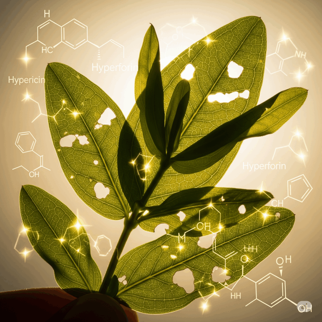Primer plano macro fotorrealista de hojas de Hierba de San Juan sostenidas a la luz, mostrando las perforaciones características (puntos translúcidos). Representaciones abstractas y suavemente brillantes de compuestos químicos clave como la hipericina o la hiperforina podrían superponerse sutilmente, simbolizando sus componentes activos para la mejora del estado de ánimo.