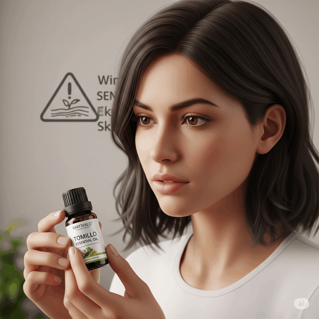 Una escena reconfortante y fotorrealista de una persona inhalando suavemente vapor de un tazón de agua caliente con hojas de tomillo o unas gotas de su aceite esencial. El vapor cálido se eleva, sugiriendo sutilmente el alivio de la congestión y una respiración clara, transmitiendo sus beneficios para la salud respiratoria.