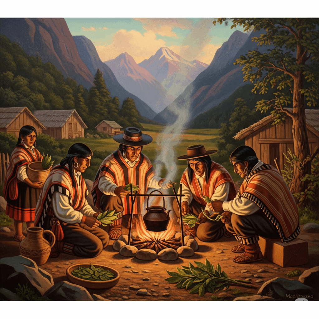 Ilustración o pintura estilo vintage que representa a indígenas Mapuches en Chile, utilizando tradicionalmente hojas de boldo. La escena podría mostrarlos preparando un remedio herbal o compartiendo conocimientos de la planta en un entorno natural andino.