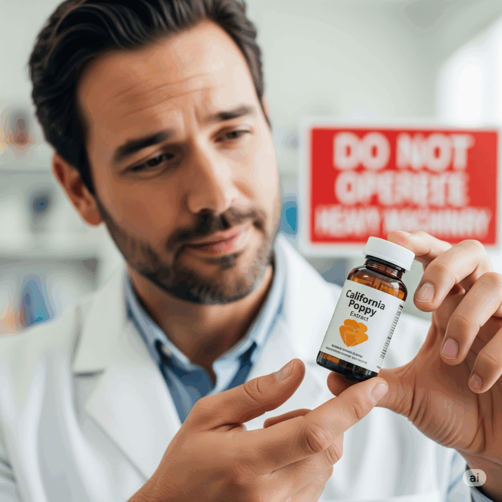 Imagen fotorrealista reflexiva de una persona sosteniendo una planta de Amapola de California o una botella de su extracto, con una expresión suave pero cautelosa, quizás mirando hacia un fondo borroso que sugiere un profesional de la salud o una señal de "no operar maquinaria pesada", transmitiendo la importancia de comprender las precauciones y la posible somnolencia.
