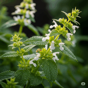 Primer plano fotorrealista y vibrante de hojas frescas de Melisa (Melissa officinalis) y delicadas flores blancas o amarillo pálido, brillando con el rocío matutino. La iluminación es suave y cálida, enfatizando la textura de la planta y su atractivo aroma a limón en un entorno de jardín natural.