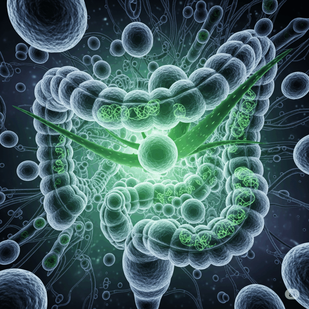 Vaso lleno de jugo de Aloe Vera puro y transparente sobre un fondo claro, posiblemente con una rodaja de lima o menta, transmitiendo salud y pureza digestiva.