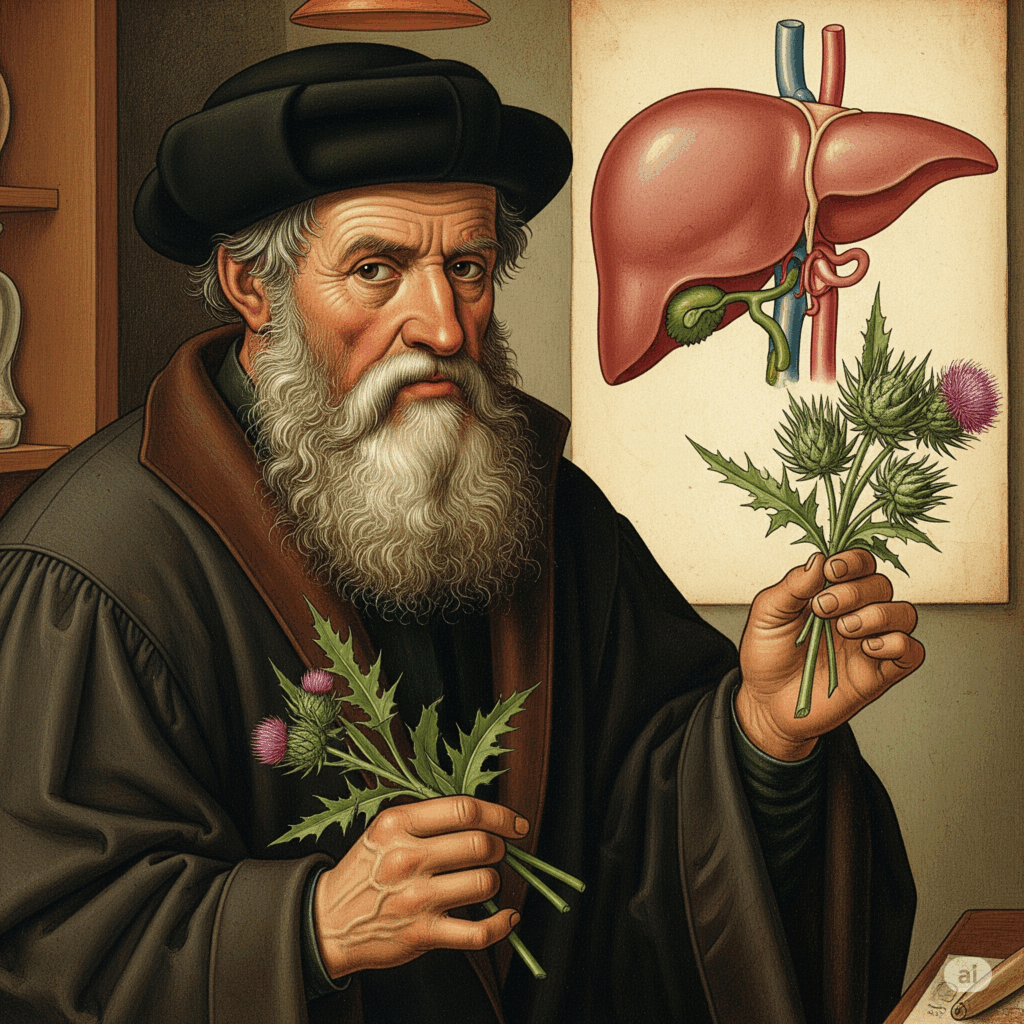 Ilustración o pintura de estilo vintage que representa a un antiguo herbolario o médico sosteniendo semillas u hojas de Cardo Mariano, posiblemente con una representación del hígado en el fondo, simbolizando su uso histórico para la salud hepática.